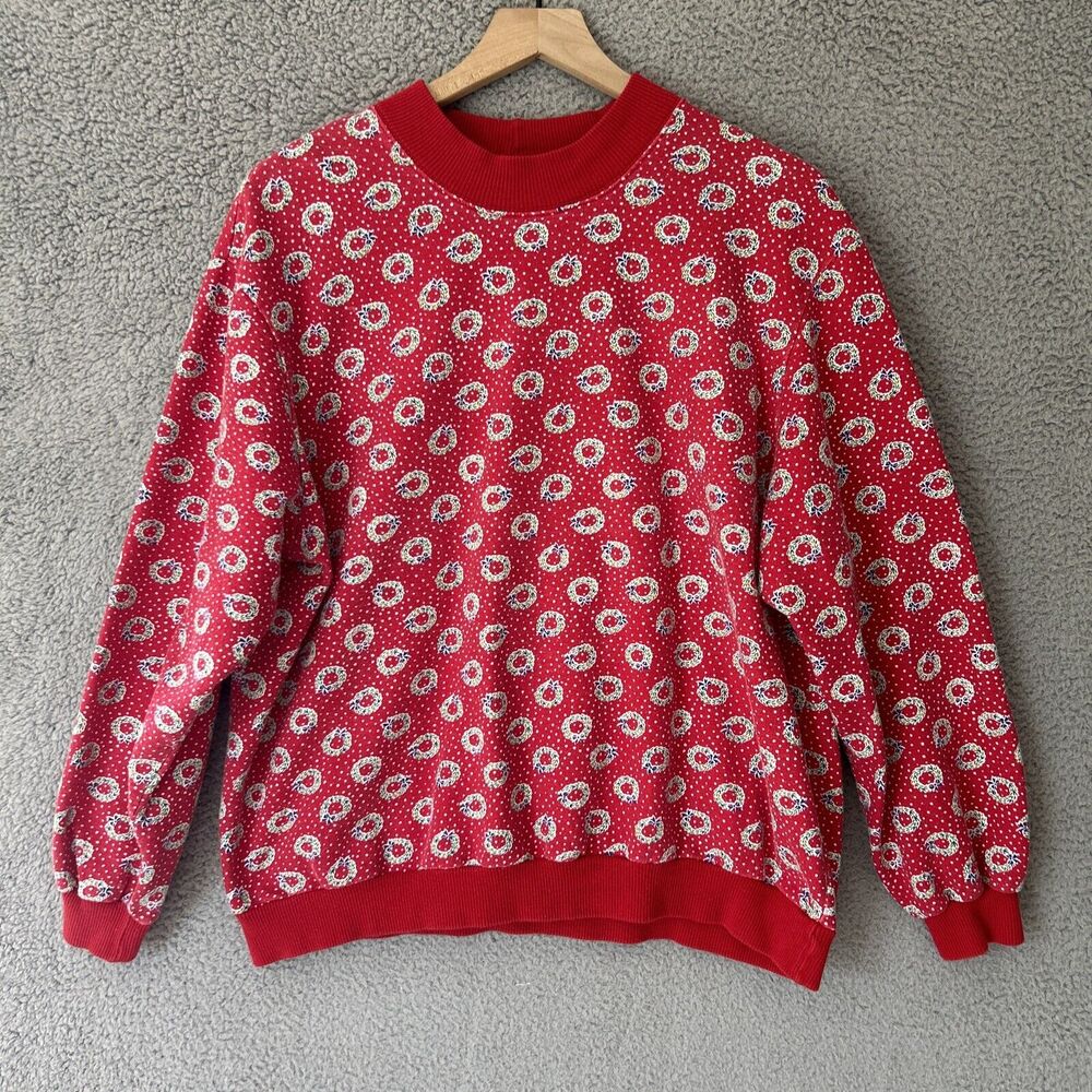 Vintage 80s Christmas Sweatshirt Womens L XL Red Holiday Wreaths Grannycore Cozy